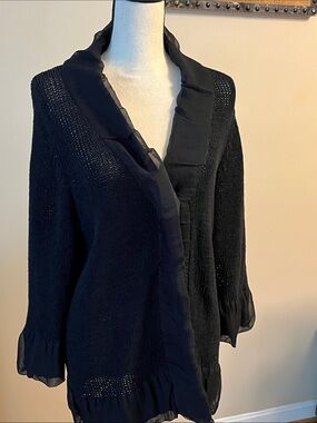 Chico's Black Open-Knit Sweater with Sheer Trim, size medium